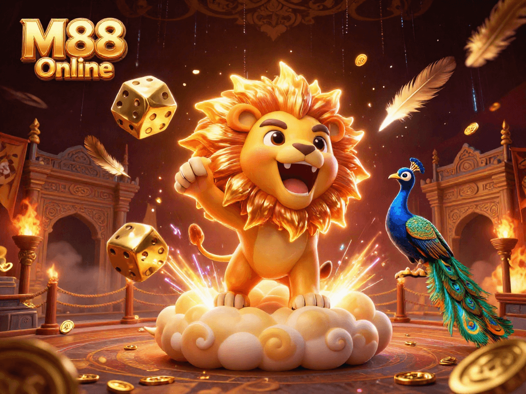 Experience M88 Online gameplay with a roaring sun lion, golden dice, and vibrant casino elements.