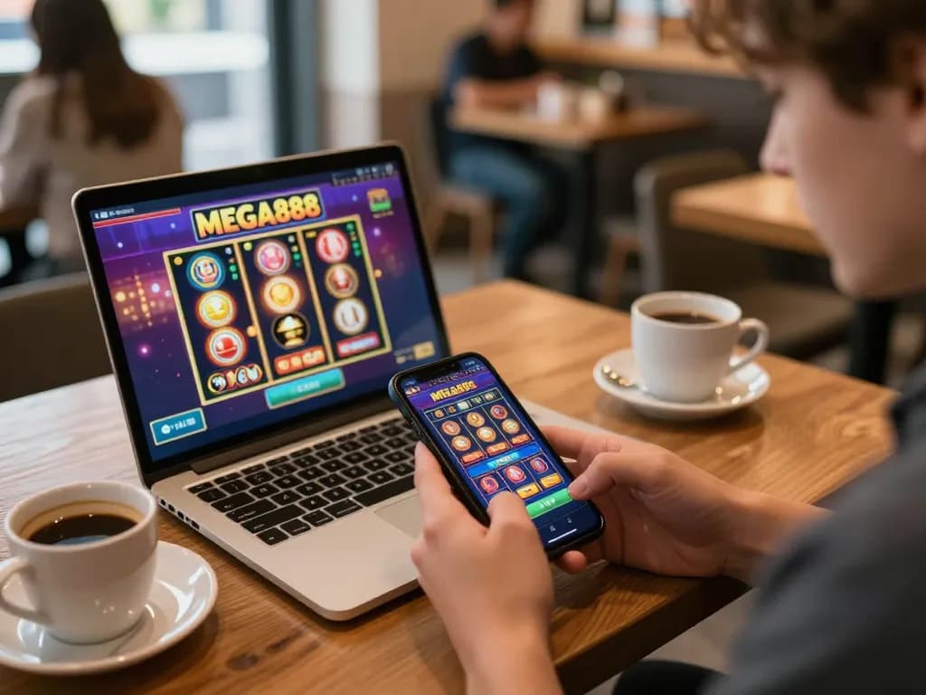 Engaging in mobile gaming with Mega888 app while enjoying coffee, linking entertainment and lifestyle