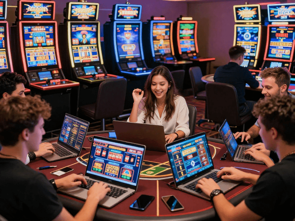 Engaged players exploring non UK casinos on devices in a vibrant gaming scene.