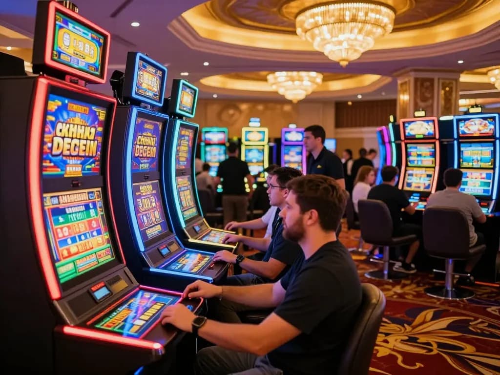 Players enjoying engaging slot machines at LGOLUX casino, vibrant lights creating excitement.