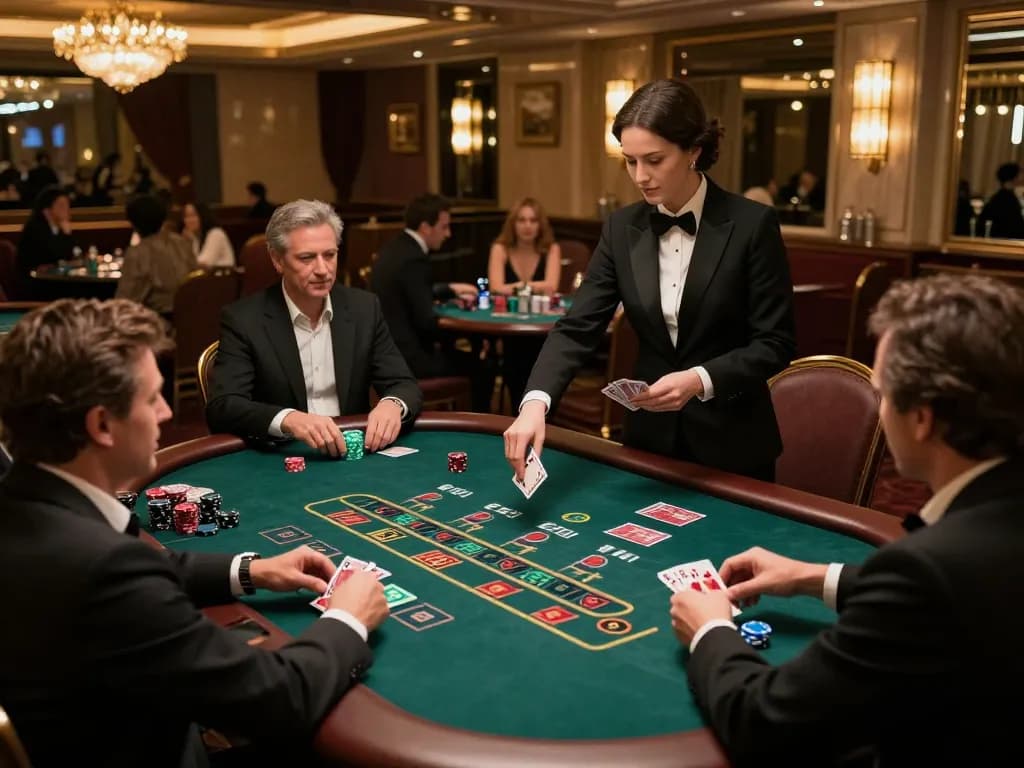 MM88 players strategizing their bets at a blackjack table under warm casino lights.