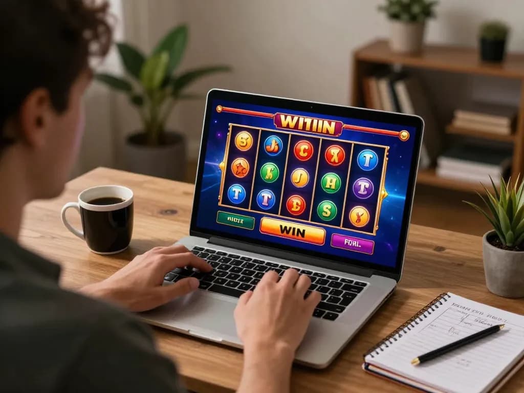 Player engaging in online slot games at home with dreidelsandmore on display, showcasing a winning moment on the screen.