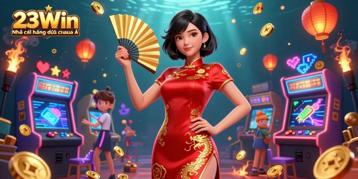Engage in exciting gaming experiences at 23Win Nhà cái hàng đầu châu Á featuring vibrant characters, glowing arcade elements, and captivating casino visuals.