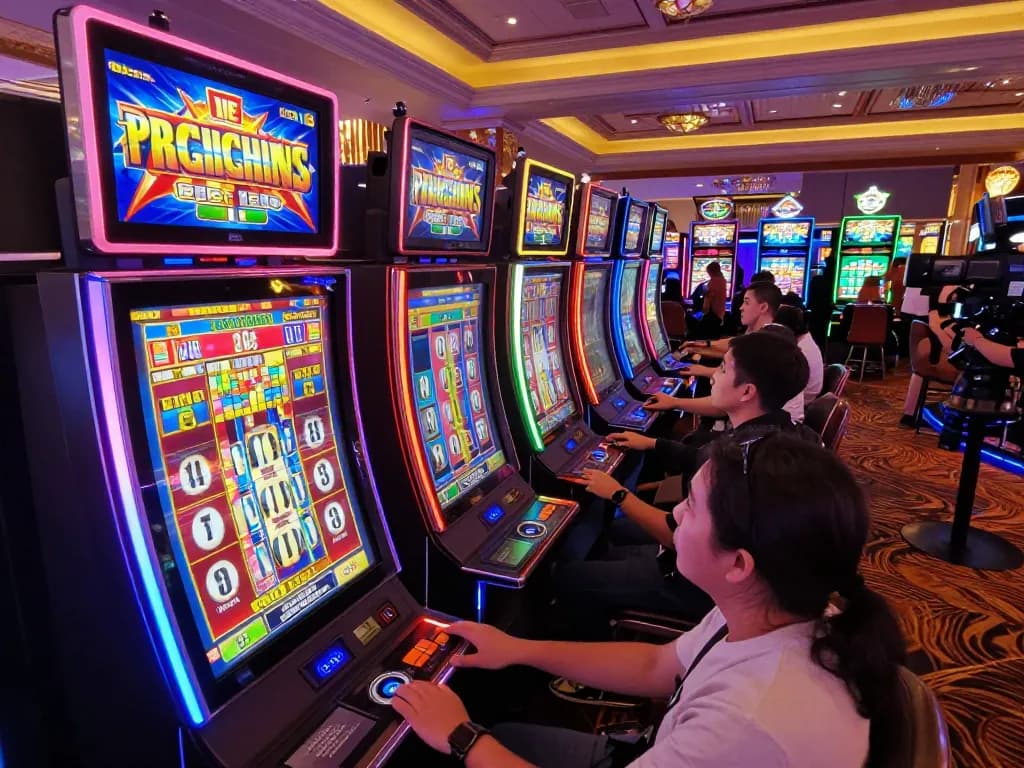 Situs slot engagement at colorful machines, player spinning for big wins in lively casino
