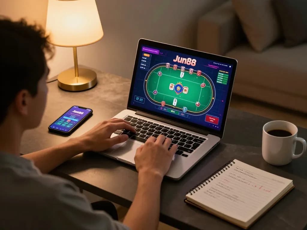 Player engaging in online poker at Jun88 using laptop, coffee, and strategic notes in cozy workspace.