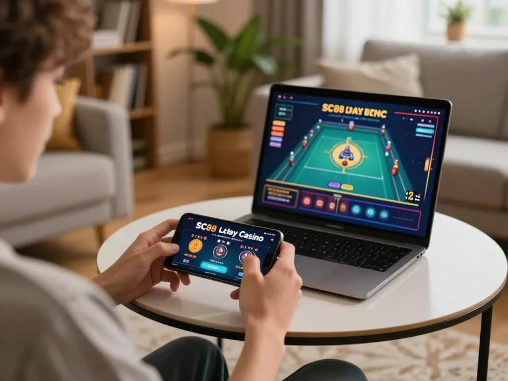Engaging with SC88 day casino app on smartphone, showcasing responsible gaming in a cozy home setting