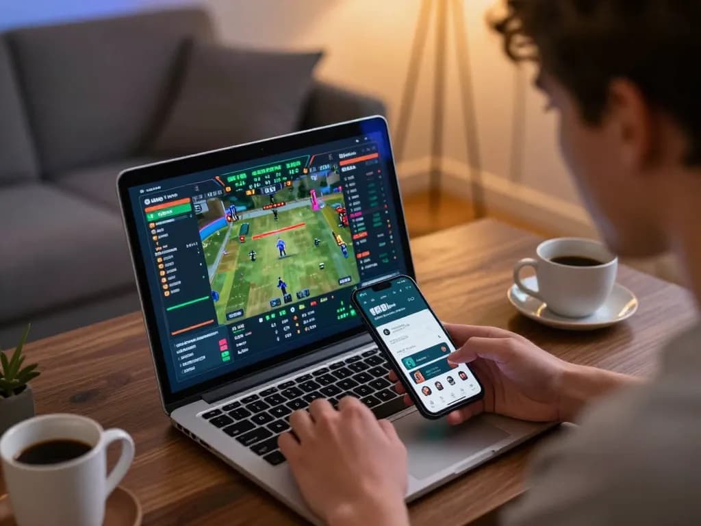 Engaged sports bettor analyzing live odds on laptop with g28 betting app in a modern home