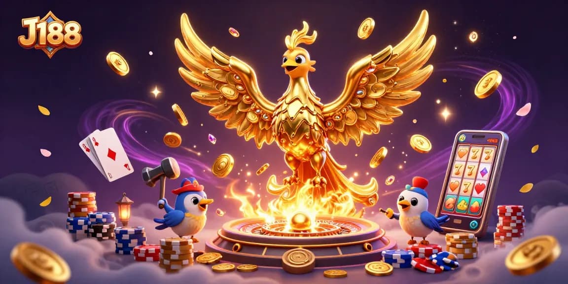 Experience thrilling moments at J188 with a golden phoenix and casino treasures bursting into action.