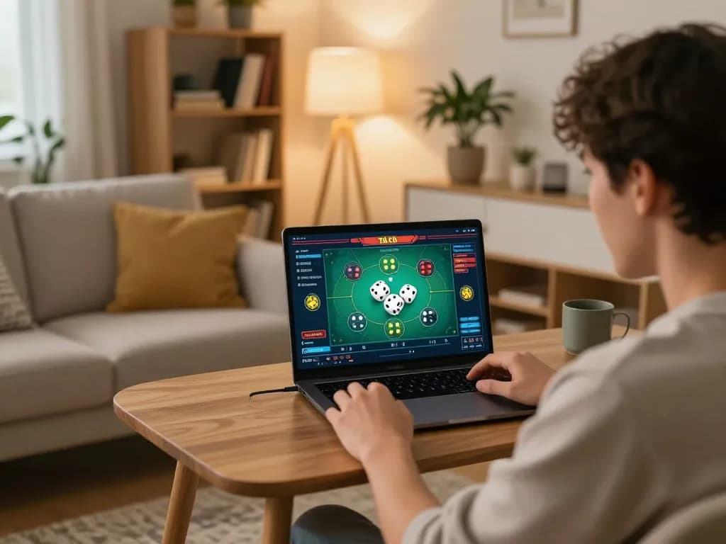 Tài xỉu online uy tín gaming scene with player focused on laptop during online dice game.
