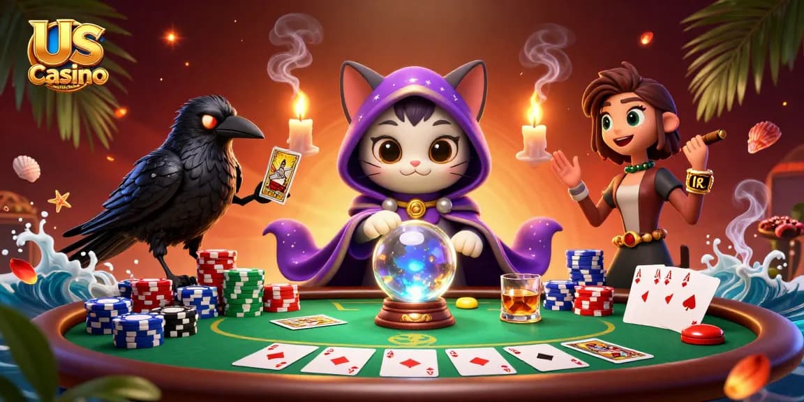 Experience thrilling gameplay at Us Casino Malaysia with a vibrant poker scene featuring mystical characters.