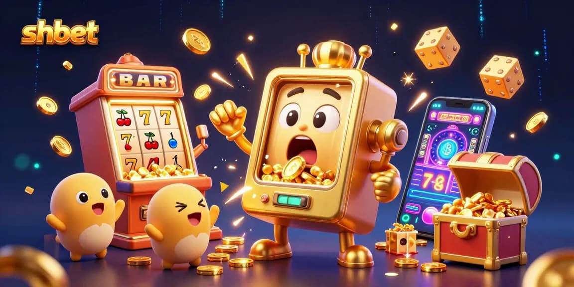 Experience the thrill of shbet with a vibrant 3D slot machine hitting a jackpot surrounded by game elements.