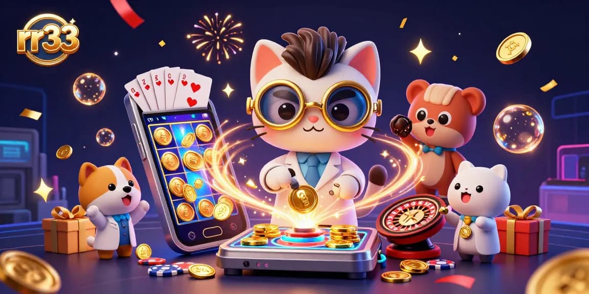 Win big with rr33 as the mad scientist cat creates a golden coin machine amidst thrilling casino excitement.