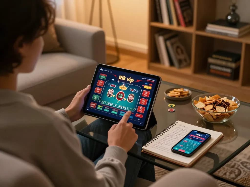 Player engaging with rik vip online poker game on tablet, highlighting strategic gaming elements and comfortable atmosphere.