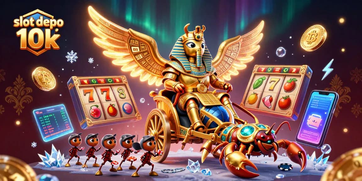 Experience thrills with slot depo 10k, featuring engaging slot symbols and dynamic characters in a vibrant casino scene.