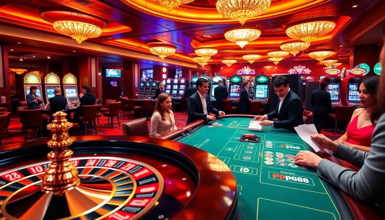 Experience high-stakes excitement with pg88 at a vibrant casino featuring roulette and poker tables.