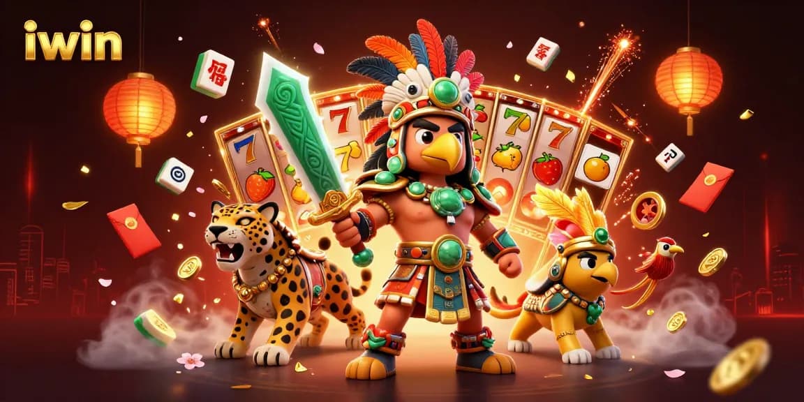 Play and win with iwin in a vibrant, dynamic casino-themed 3D scene filled with exciting elements.