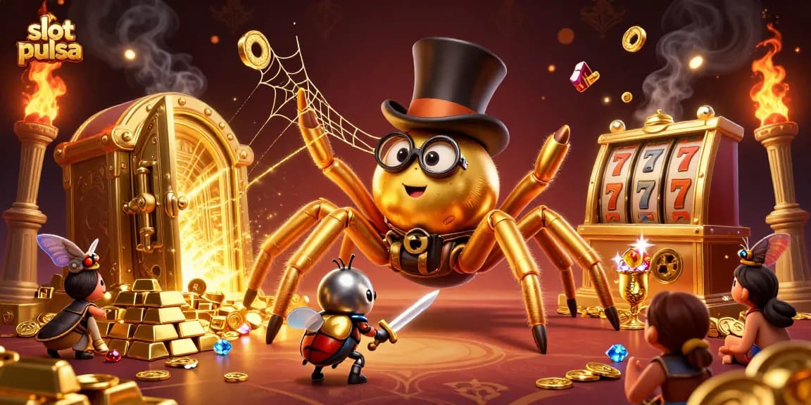 Permainan slot pulsa dengan tarantula emas dan ksatria beetle dalam ilustrasi kasino yang menarik.