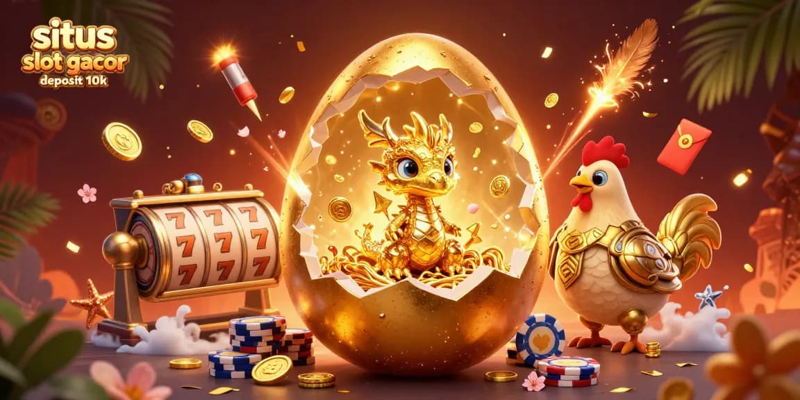 Experience winning at situs slot gacor deposit 10k with a vibrant 3D illustration of gold and luck.