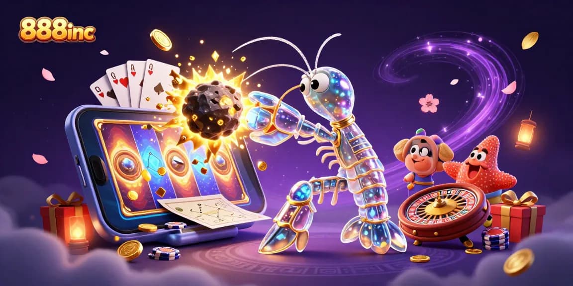 Experience the thrilling world of 888inc with a vibrant 3D illustration of a galactic samurai and casino elements.
