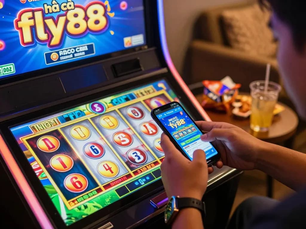 Engaging in mobile gaming on nhà cái fly88 with a smartphone while enjoying a cozy home setup