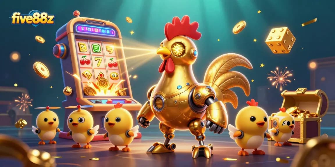 Engage with the vibrant five88z casino world featuring a golden rooster robot, slot machines bursting with coins.