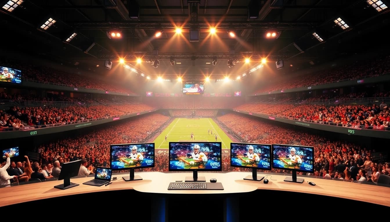 Engaging sports broadcasting setup featuring anchors and dynamic live feeds.