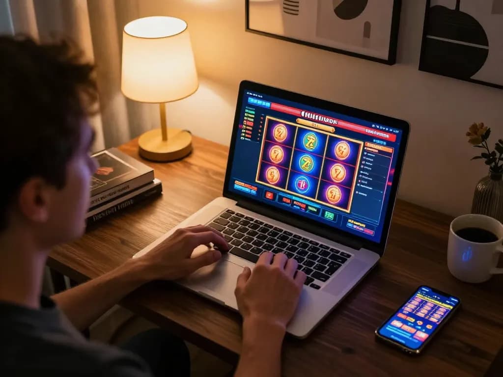 Player engaging with non Gamstop casino games on a laptop, highlighting interactive online gaming experience.