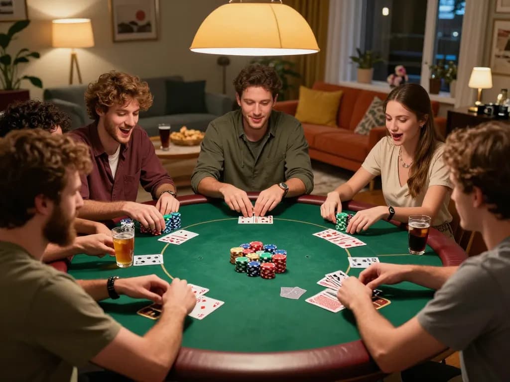 Malam permainan poker yang menarik, menampilkan teman-teman yang merencanakan strategi dengan chip dan kartu di https://www.goldleafrestaurant.com/wp_glmain/.