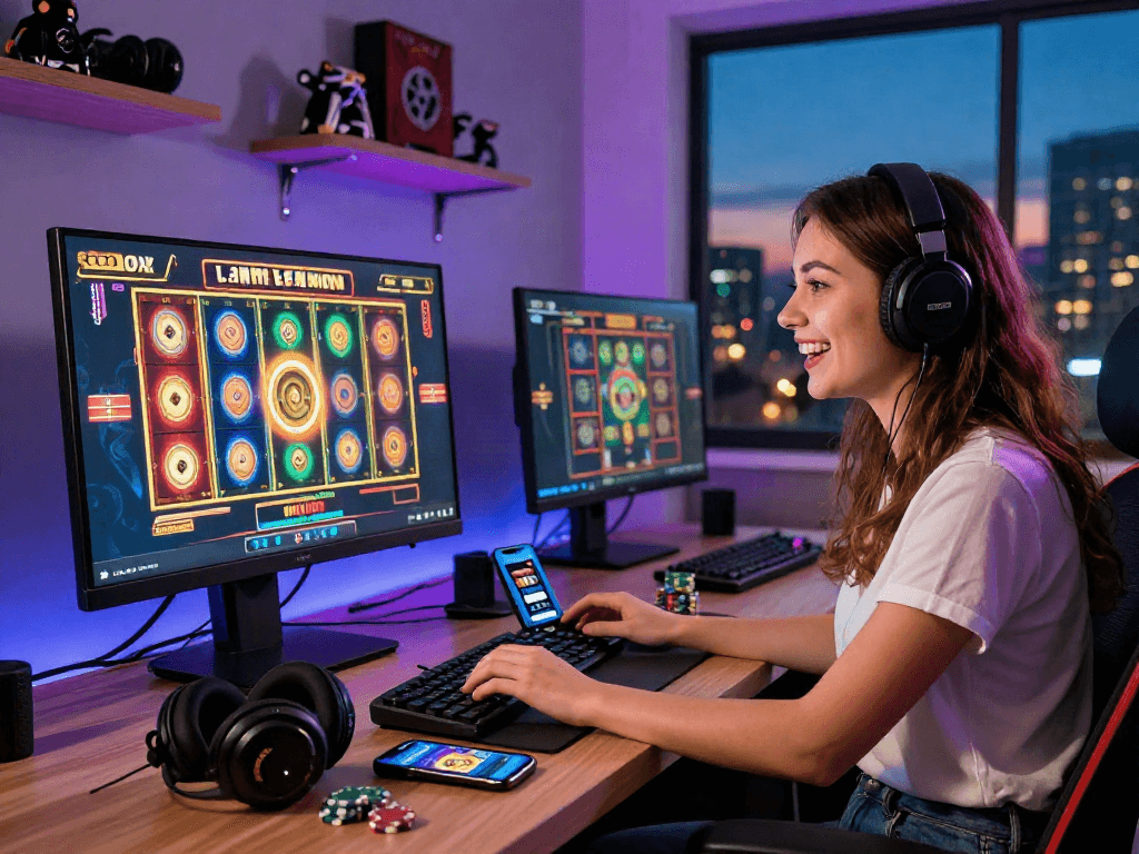 Excited young woman playing slot online at her computer desk with colorful slot reels displayed, showcasing an immersive gaming experience.