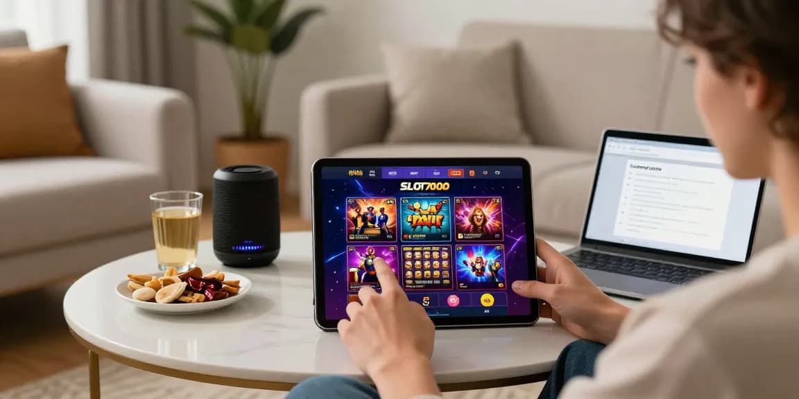 SLOT7000 online gambling scene with cozy home setting and tablet gaming