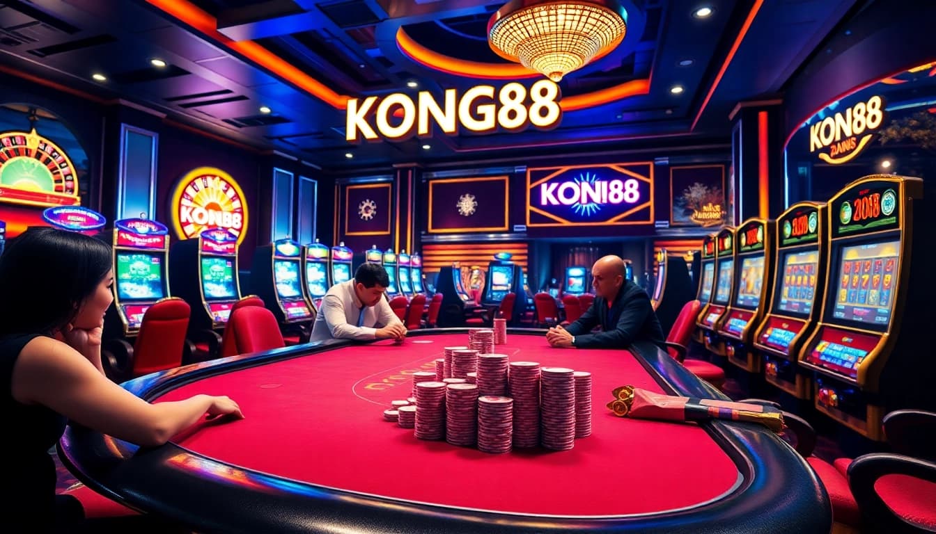KONG88 casino scene with poker players, vibrant chips, and a roulette wheel emitting excitement.