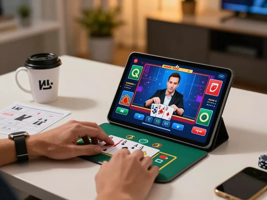 Engaged gamer at trang chu 789win placing bets during a live blackjack game on a tablet, showcasing modern gambling.