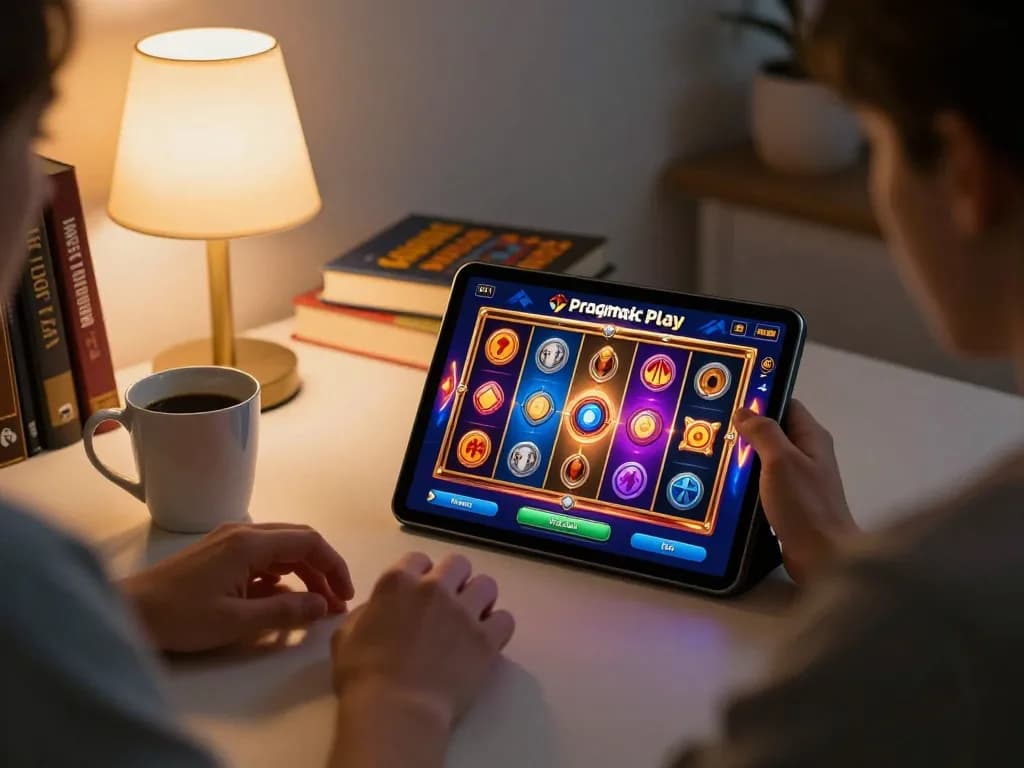 Engaging in Pragmatic Play Login on tablet with vibrant slots interface during a cozy home gaming session.