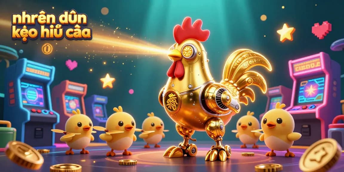 Engage in nhận định kèo nhà cái with a vibrant scene featuring a golden rooster robot and baby chick drones in a dynamic sports betting environment.