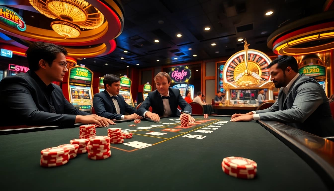 Players enjoying a thrilling UU88 gaming session at a luxurious casino table with vibrant atmosphere.
