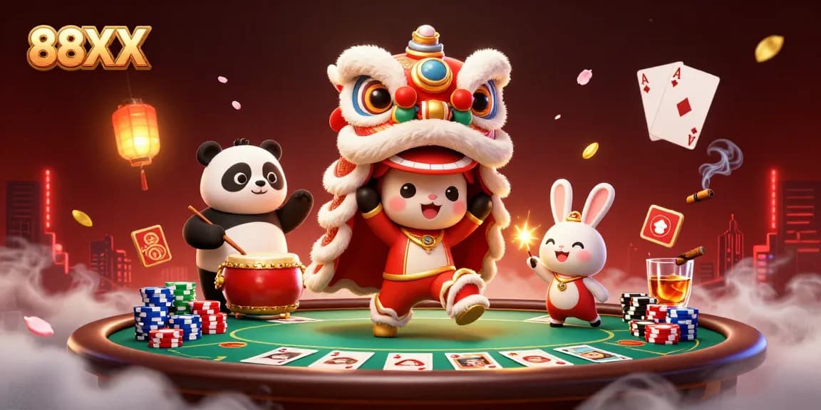 Engage with 88XX and enjoy an exciting dragon dance at a vibrant casino setting with poker elements.