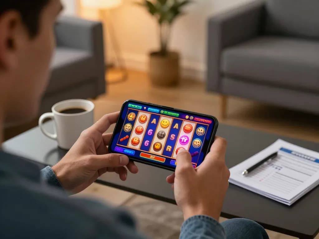 Engaging in mobile slot games at home with cm88seo strategy notes and coffee