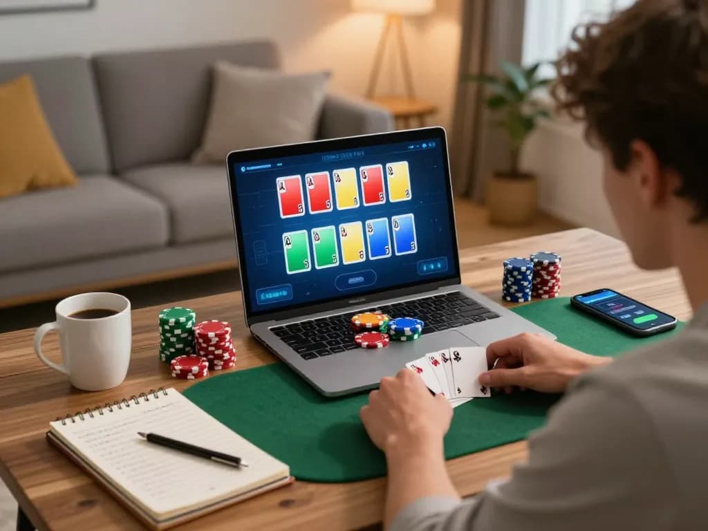 Hay88 player enjoying an online poker game with strategies in a cozy home setting, demonstrating responsible gambling.