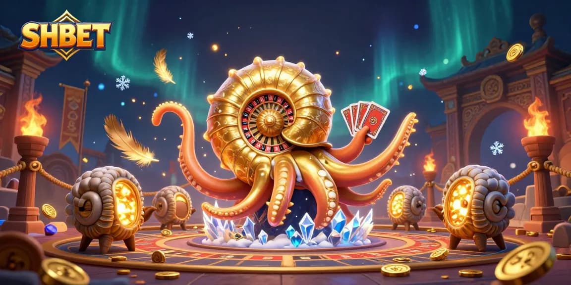 Engage with SHBET's vibrant casino experience featuring a giant nautilus roulette wheel and glowing ammonites.