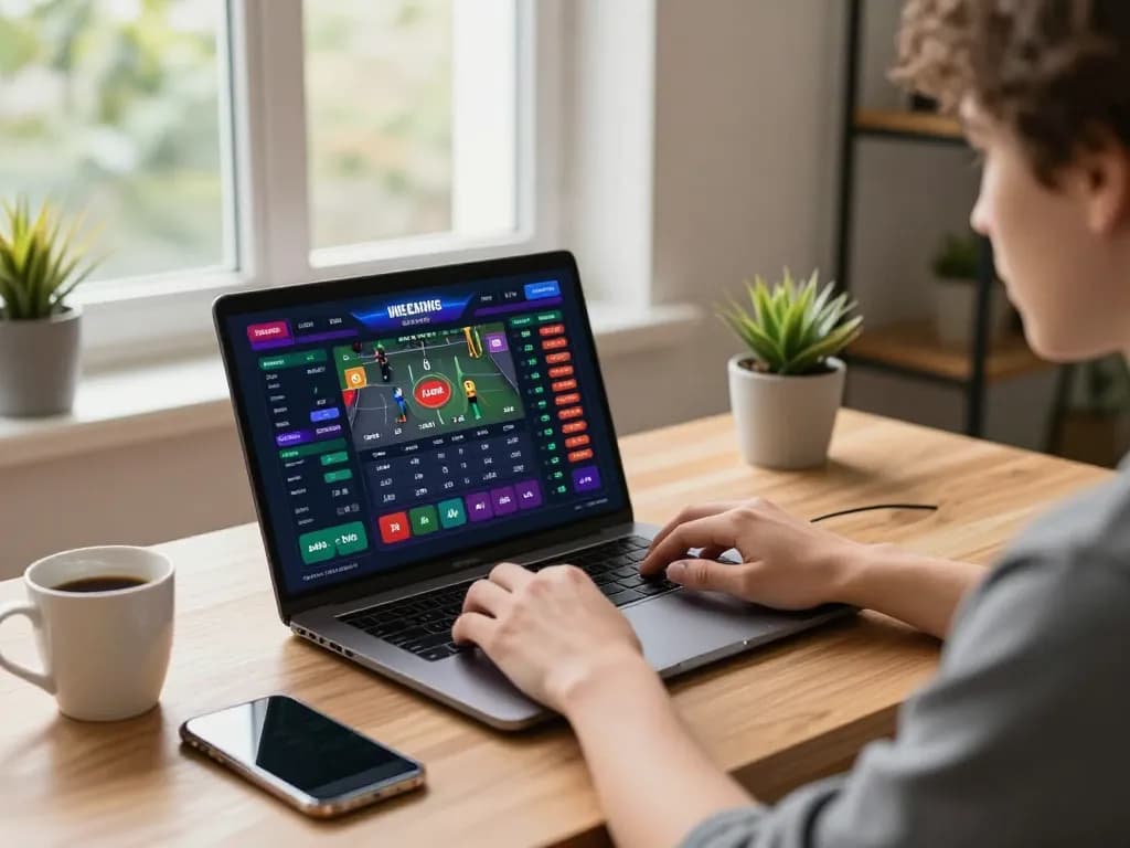 Person engaging in online gambling at home using n188 app on laptop and smartphone.
