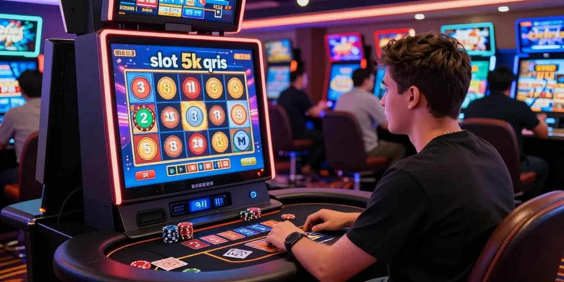 Engaging scene of player interacting with the slot 5k qris machine in a vibrant casino setting.