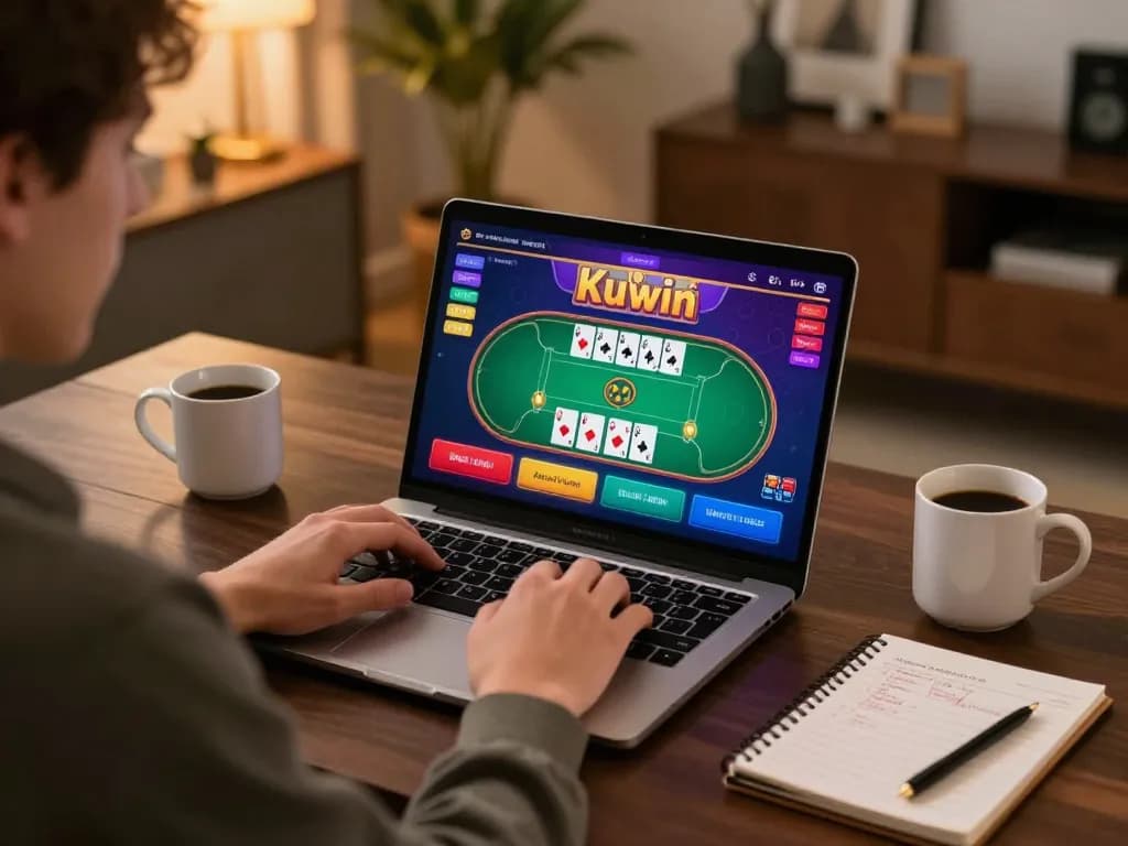 Kuwin player strategizing online poker from home, showcasing dynamic gaming scenario with cards on screen