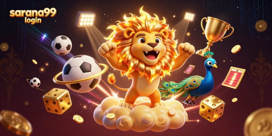 Sarana99 login elevates gaming with a vibrant 3D scene featuring a roaring lion and dynamic sports elements.