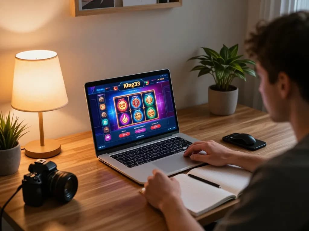 Engaging gameplay at king33 online casino with colorful slots on screen and player strategizing.
