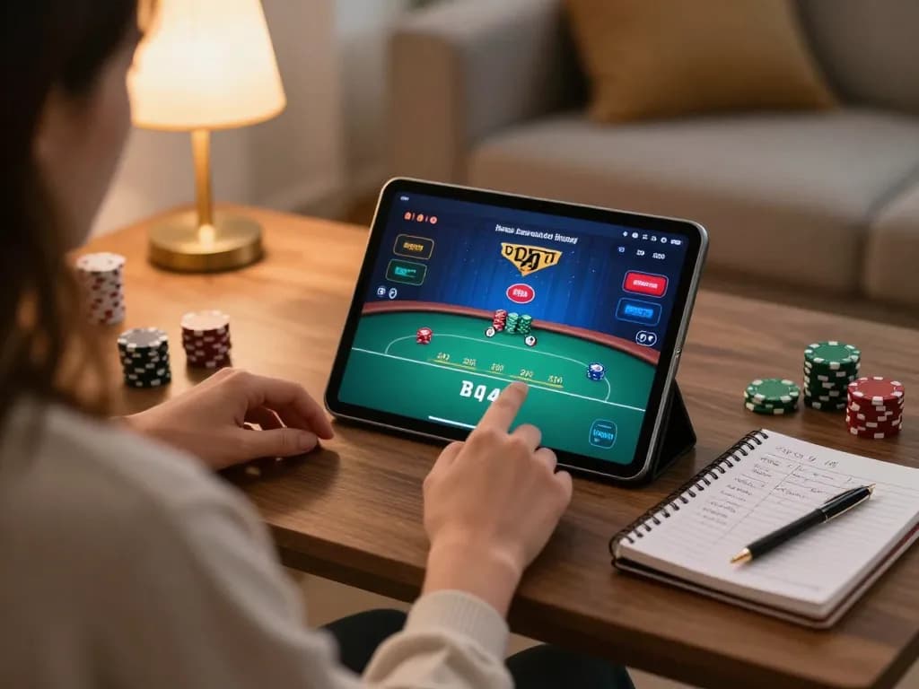 SV66 online poker strategy session with tablet, notes, and cozy home setting