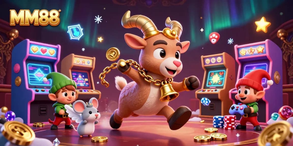 MM88 holiday-themed casino scene featuring festive characters and vibrant gaming elements.