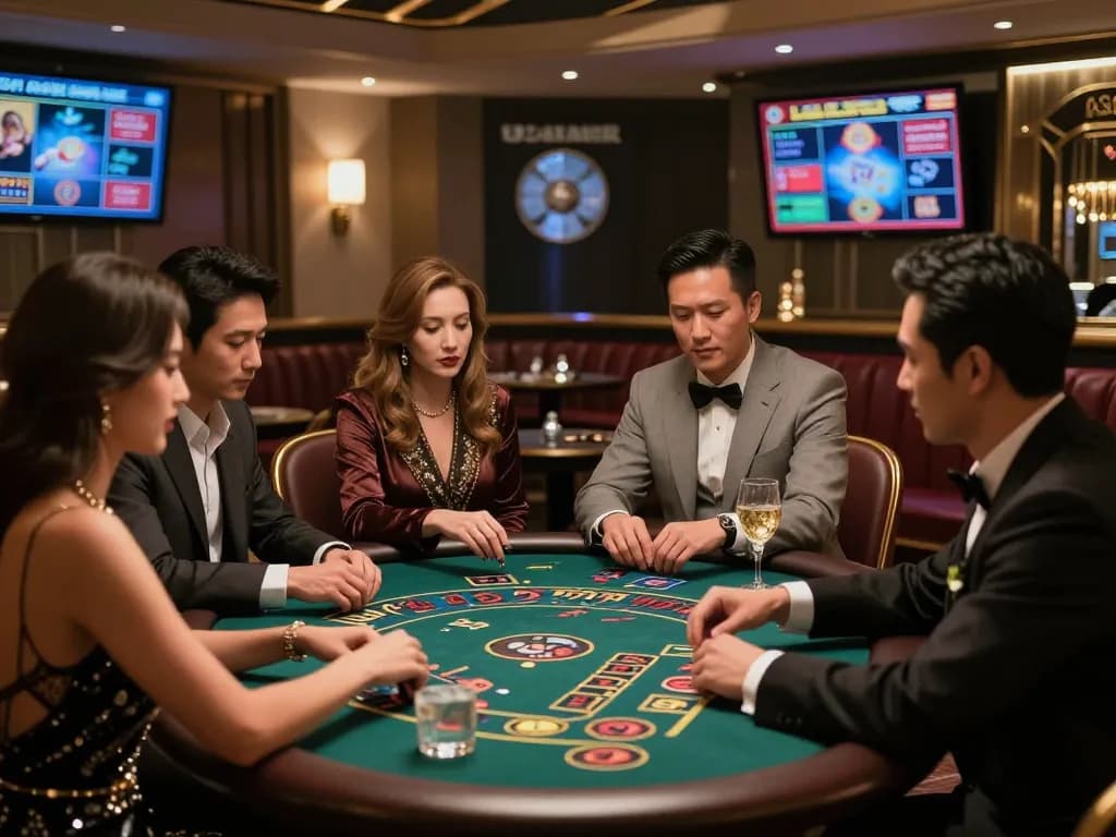 Leci123 users strategizing bets at a luxurious casino bar, engaging with high-tech screens in a vibrant atmosphere