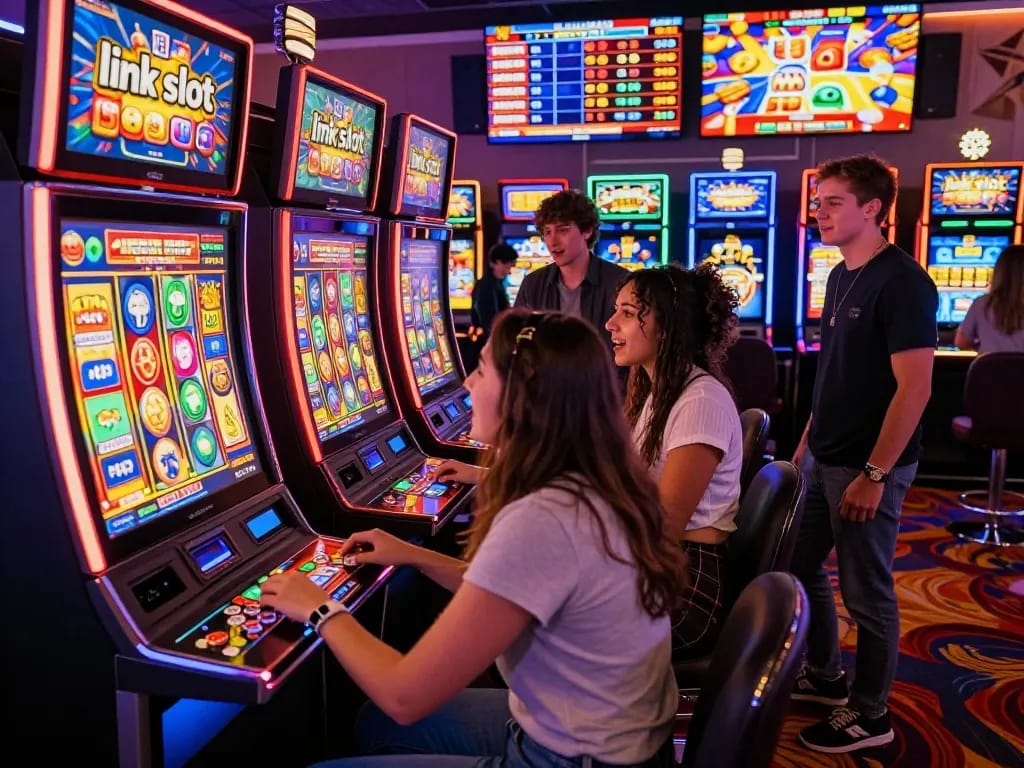 Teman-teman menikmati permainan link slot yang cerah di kasino yang ramai.