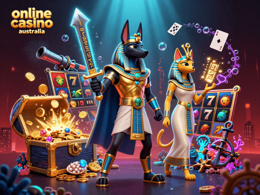 Experience thrilling gameplay at online casino Australia with vibrant slot reels and an Egyptian warrior illustration.