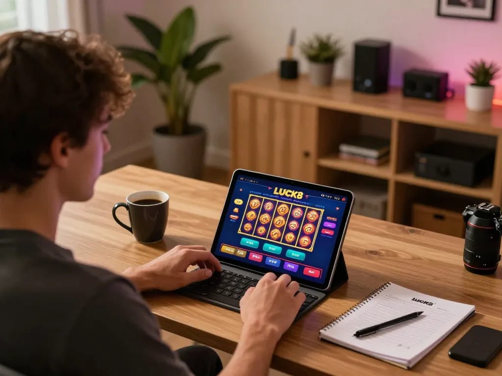 Cảnh hấp dẫn của một người chơi sử dụng ứng dụng lucks8 để chơi game trực tuyến tại nhà, nổi bật gameplay trên máy tính bảng.